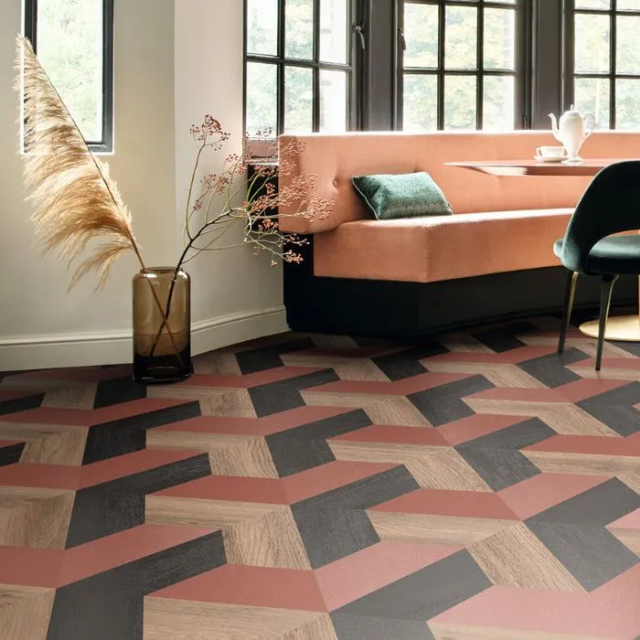 Living room with geometric vinyl tile pattern