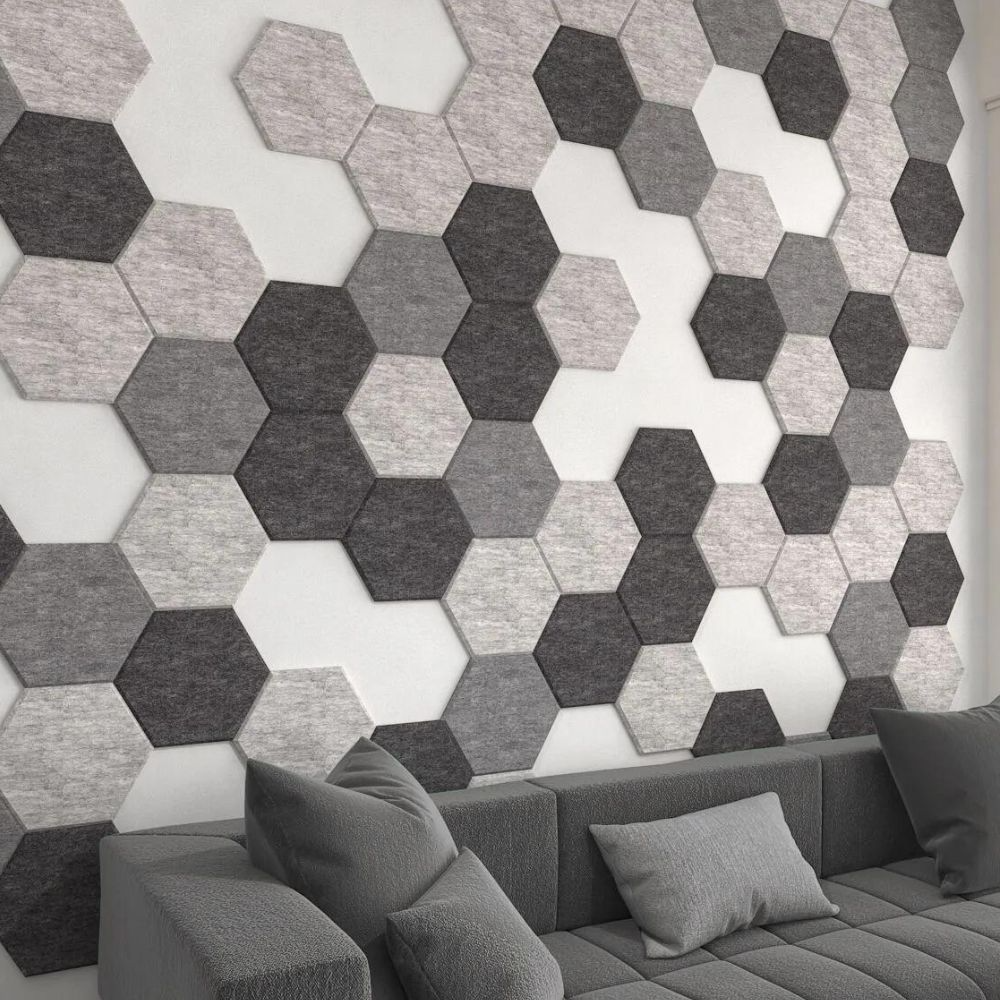 living room with grey and white hexagonal acoustic panels