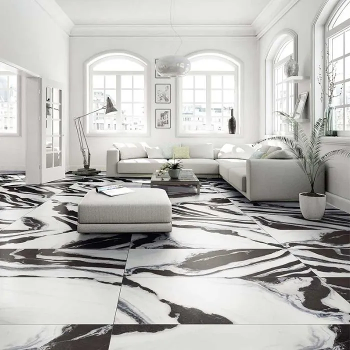 Stylish black and white marble living room floor