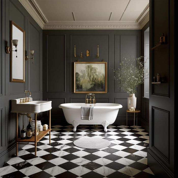 Classic black and white bathroom with marble black and white tiles