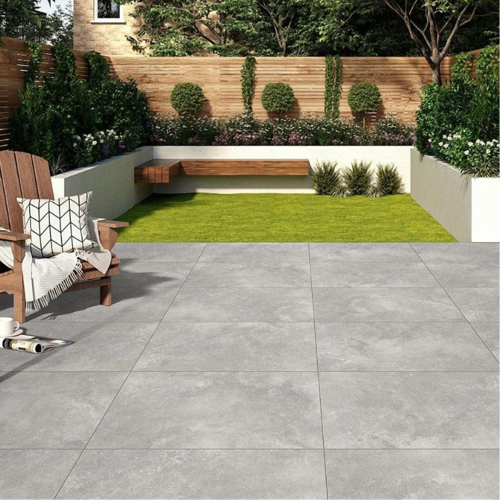 Stylish outdoor seating on tiled terrace