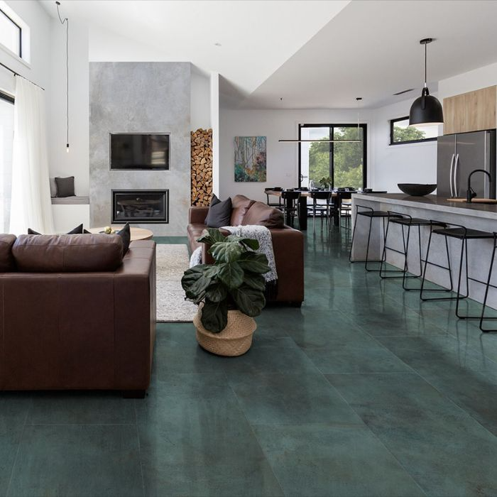 Modern living room interior featuring eye-catching green floor tiles