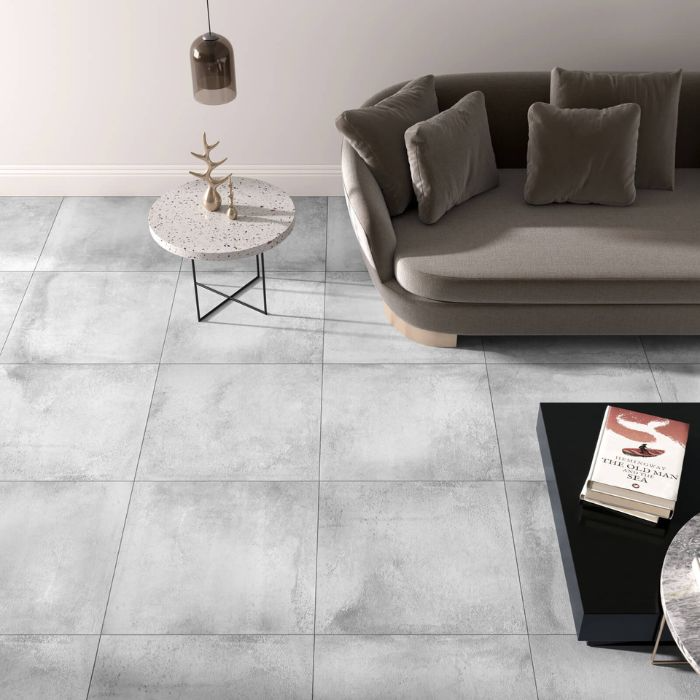 Chic living room with sleek grey and white tiled floor