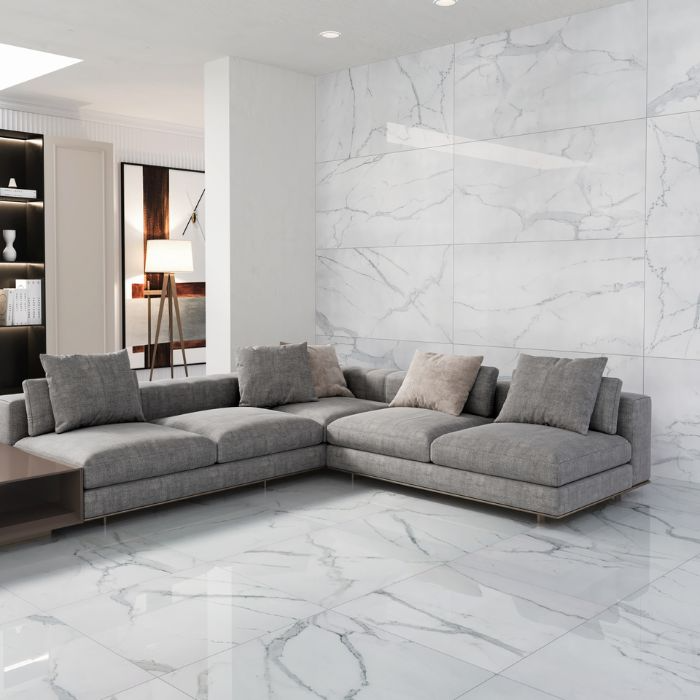 Elegant white marble tile flooring in a modern living room setting