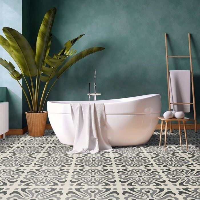 Contemporary bathroom with a stunning black and white tile pattern 