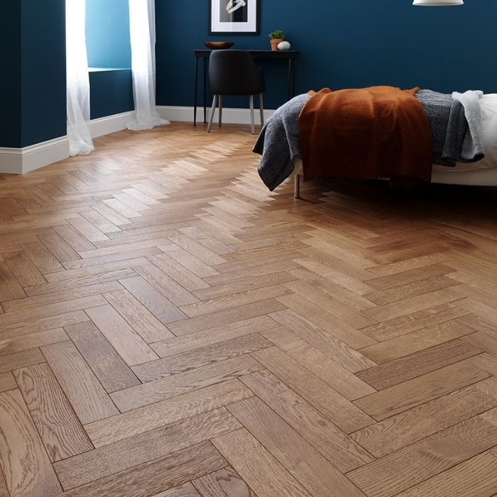 Modern bedroom design highlighted by polished wooden floors and serene blue walls