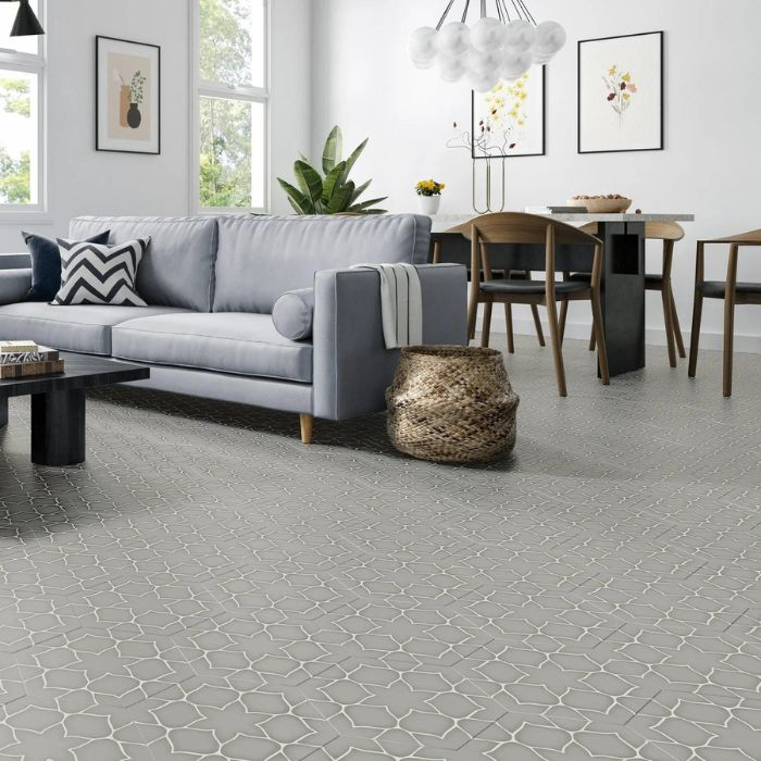 Modern living room with grey flower-patterned hexagon tiles