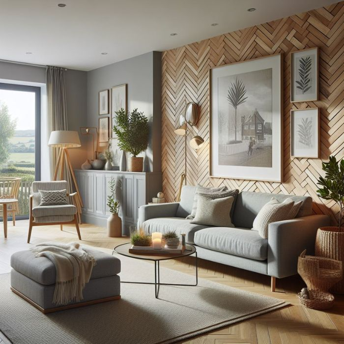 Modern living room with stunning herringbone feature wall