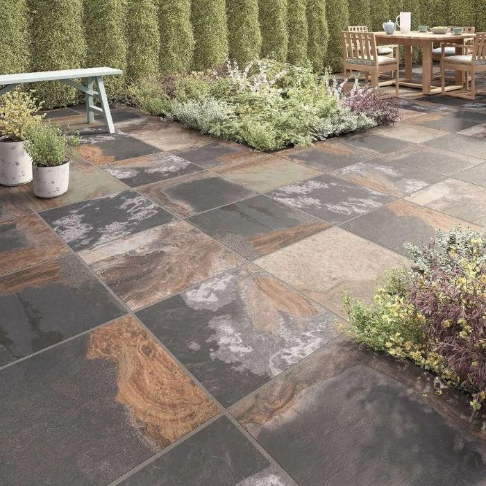 Outdoor patio featuring elegant black and brown tiling