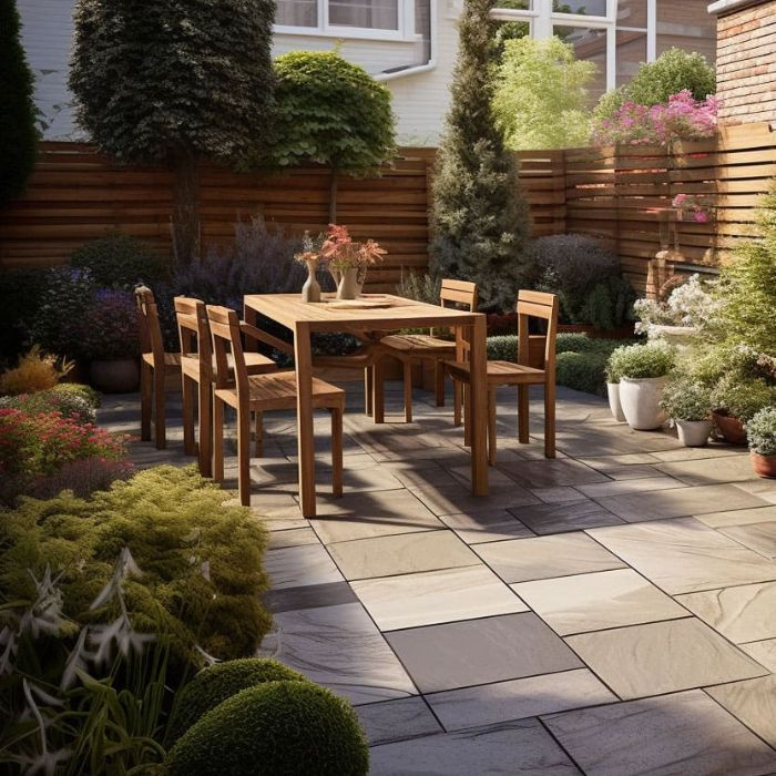 Outdoor furniture on tiled garden patio