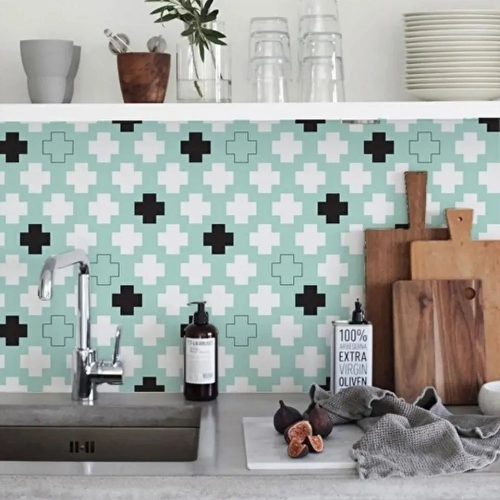 Vibrant green and black wallpaper alternative kitchen tile backsplash