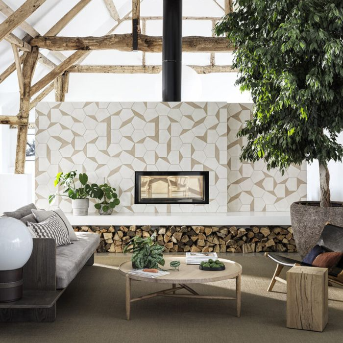 Cosy living room with fireplace and rustic wooden beams, featuring intricate tile design around the hearth