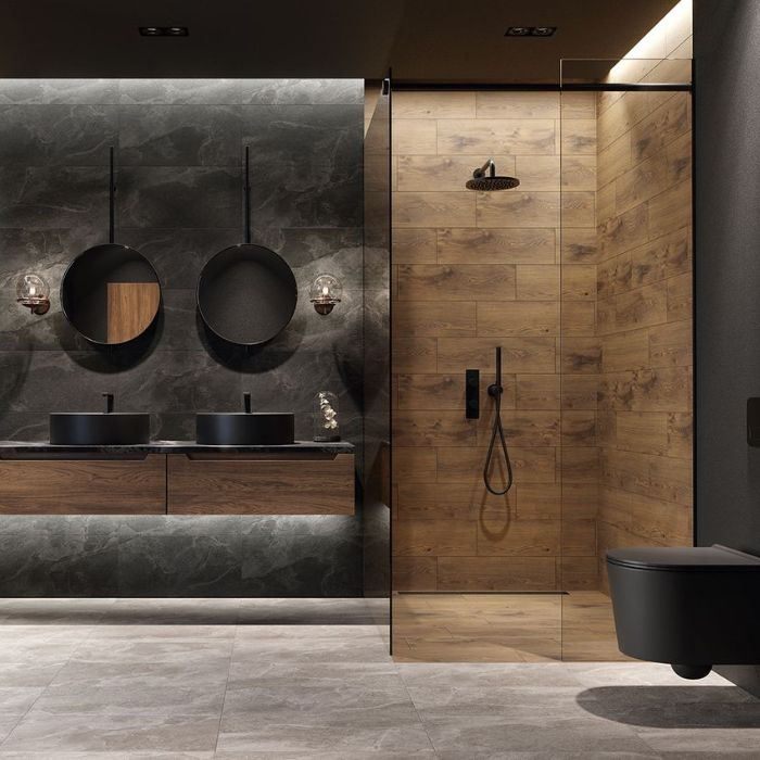 Modern bathroom aesthetic with a mix of black and wood-effect tiles