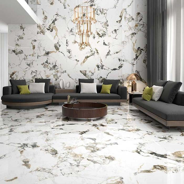 Modern living room highlighted by exquisite marble flooring, creating a sense of luxury