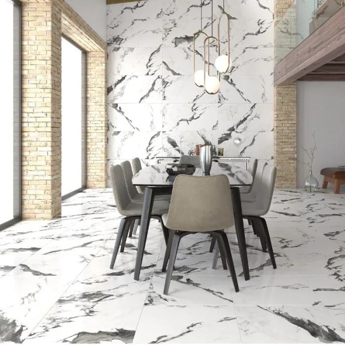 Stylish dining area with monochrome marble floor design