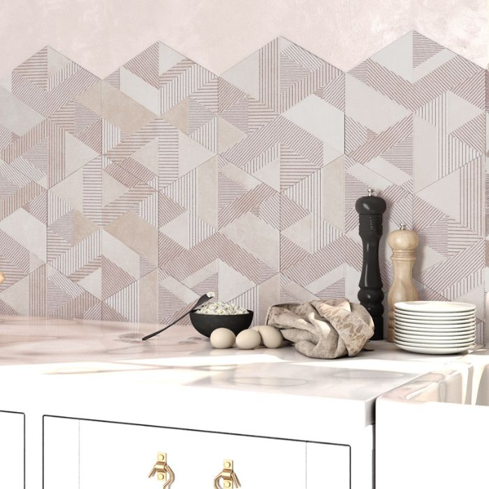 Chic hexagon tile backsplash in pink and white kitchen