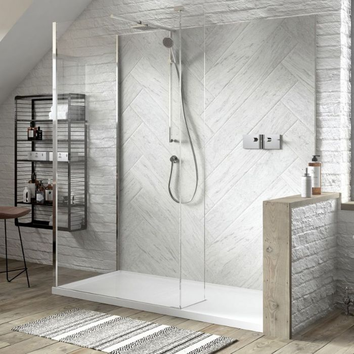 Stylish bathroom featuring a glass-enclosed shower