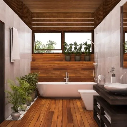 Bathroom space featuring wooden elements