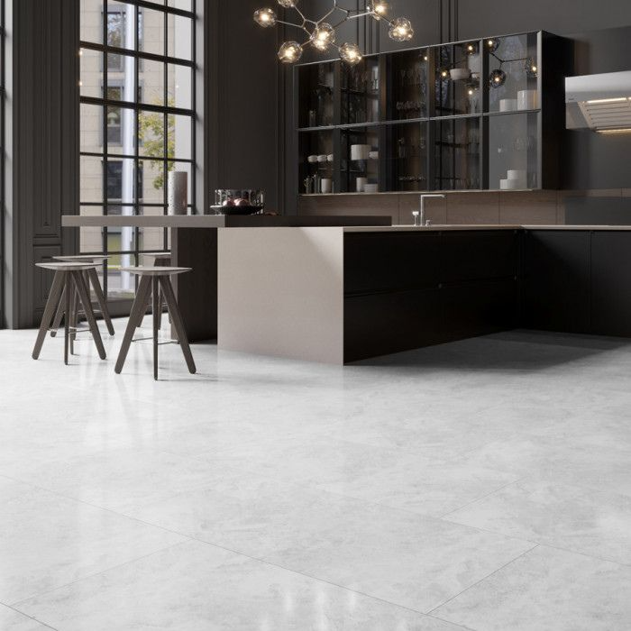 Modern monochrome kitchen featuring elegant porcelain floors