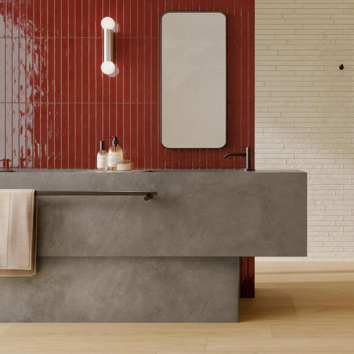 Contemporary bathroom design with red wall tiles