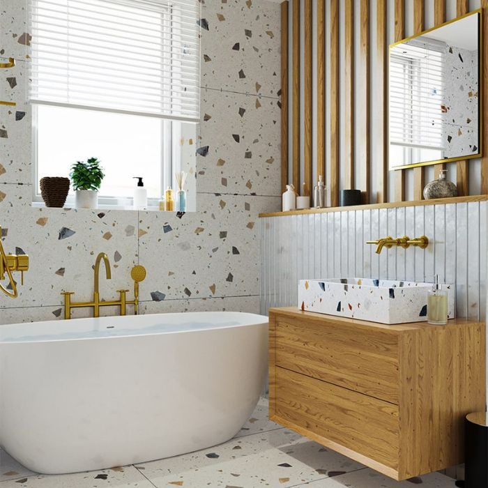 Stylish white and gold terrazzo bathroom with a modern touch