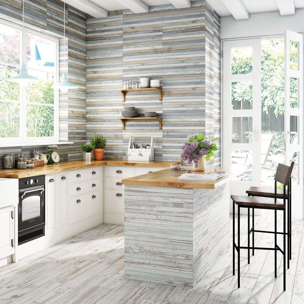 White-themed kitchen with a beautiful wood floor