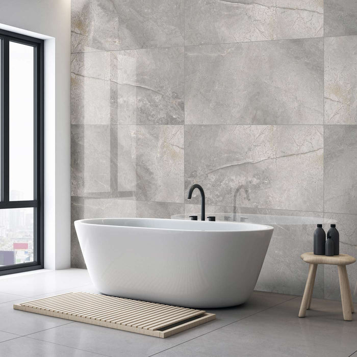 Sleek white bathtub in a contemporary bathroom