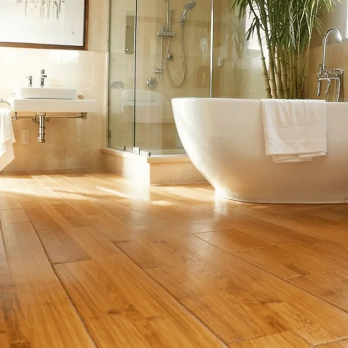 Stylish bathroom with bamboo floors and bathtub