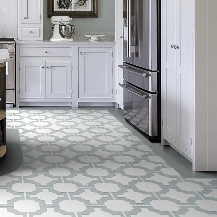 Freshly designed kitchen with a sleek white and grey vinyl tile floor