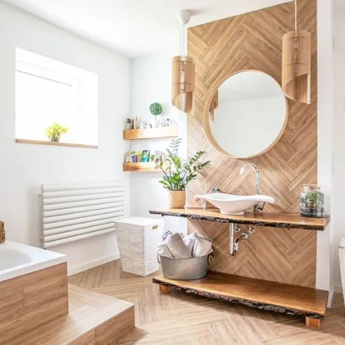 Modern bathroom with bamboo accents and a mirror