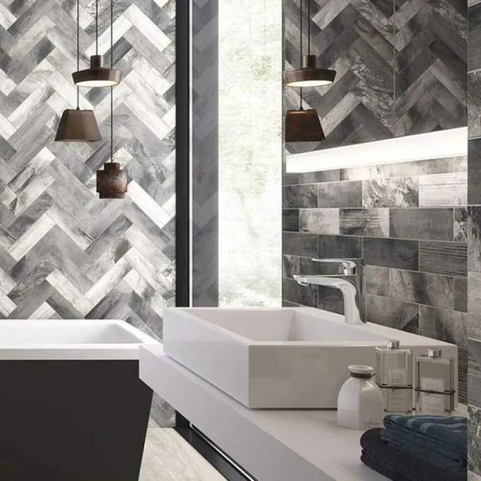 Classic grey and white tiled bathroom wall