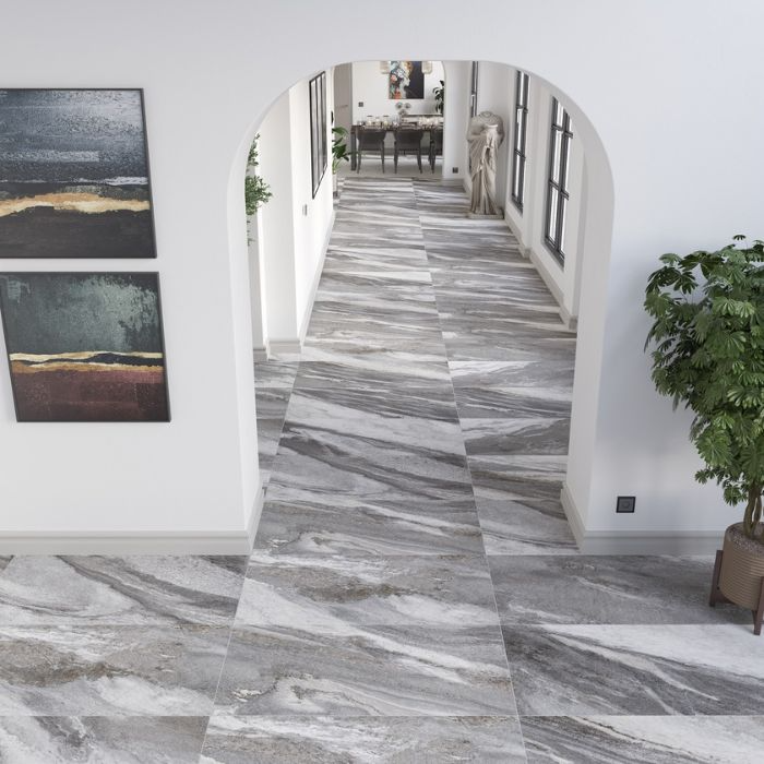 Sleek hallway featuring a polished gray marble floor