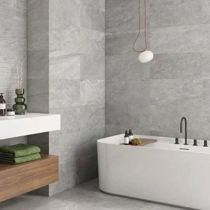 Modern bathroom with chic grey wall tiles