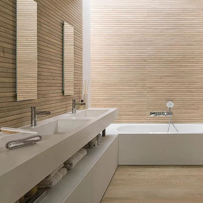 Contemporary bathroom with wood-effect wall tiles