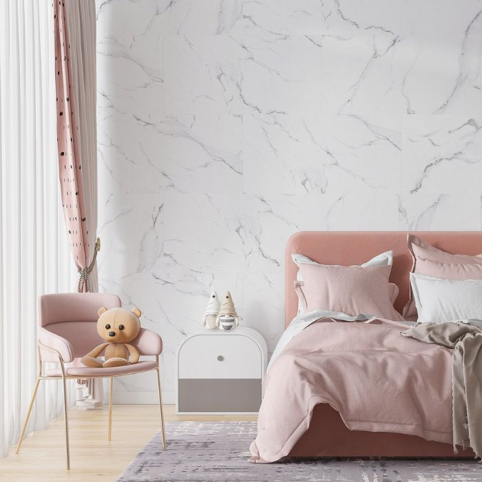 Stylish pink interiors with pristine white marble walls