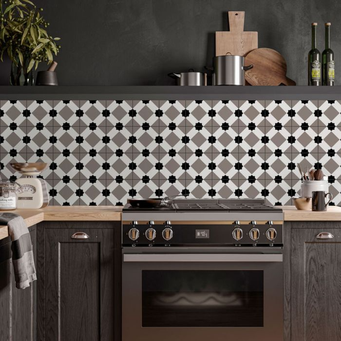 Monochrome tiled backsplash in contemporary kitchen