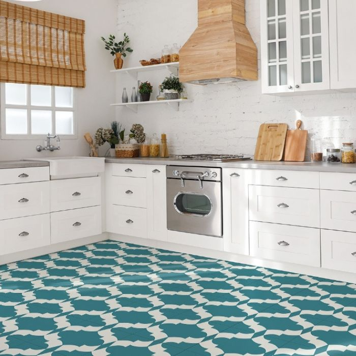 Stylish teal and white tile floor in a contemporary kitchen