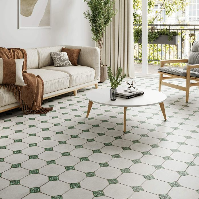 Green and white tile floor in a cosy living room setting