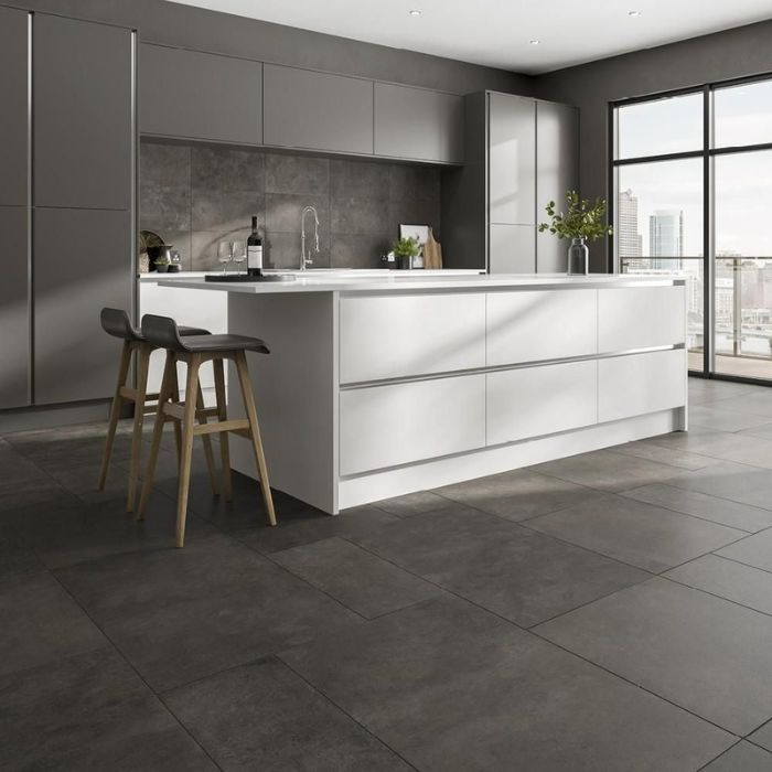 Contemporary kitchen design, featuring graphite porcelain tiles