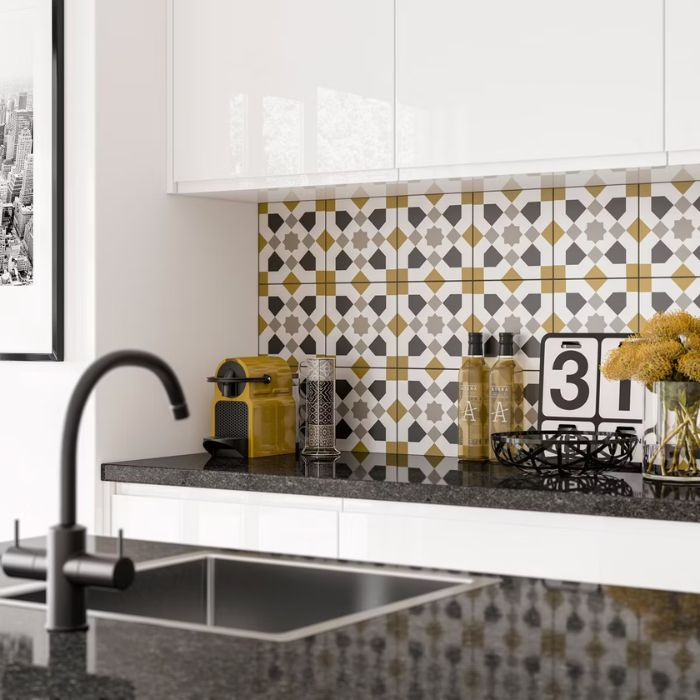 Modern kitchen design with eye-catching geometric yellow tiles