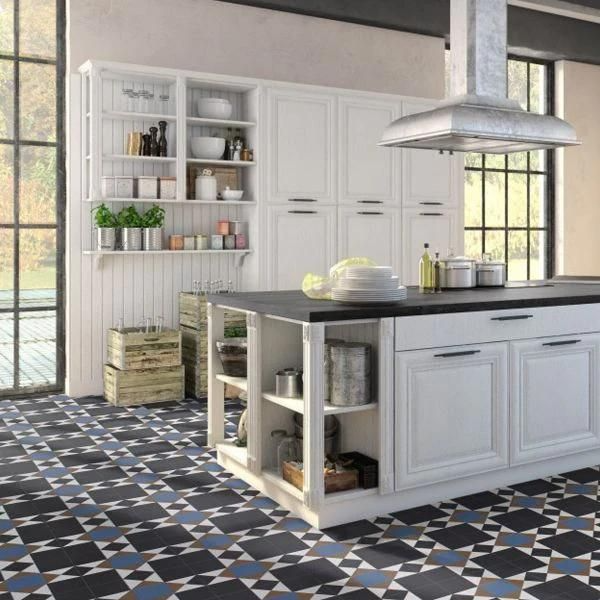 Contemporary kitchen showcasing vinyl floor tiles with geometric designs