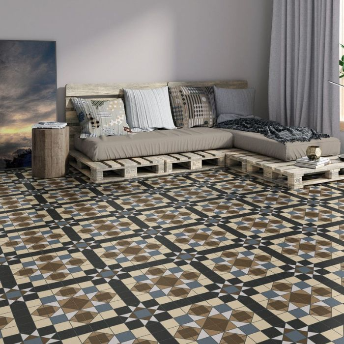 Cozy lounge area with voibrant patterned tile flooring