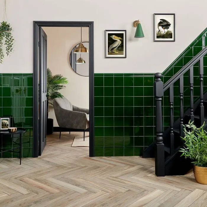 Contemporary living room with vibrant green tiled walls and wood tile ideas