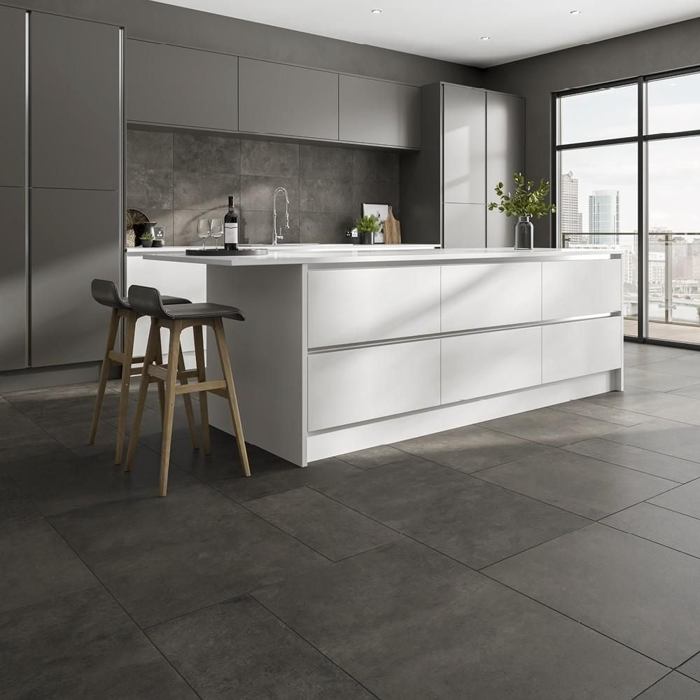 Modern grey porcelain tile floor in sleek kitchen design