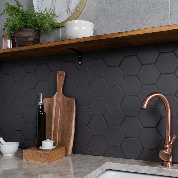 Modern kitchen with sleek black hexagon tile backsplash