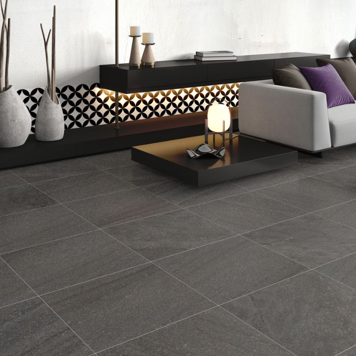 Modern interior design featuring black tiled flooring