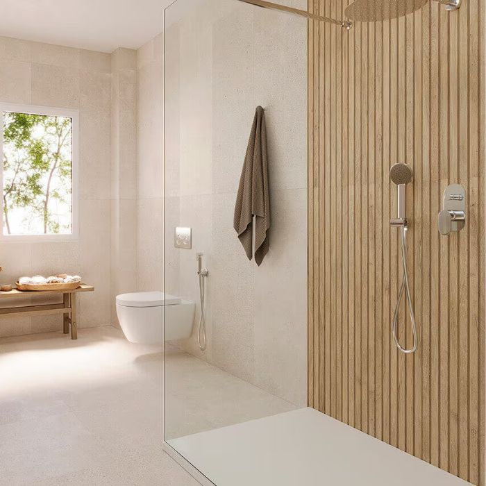 Elegant wooden-themed bathroom with a chic shower area