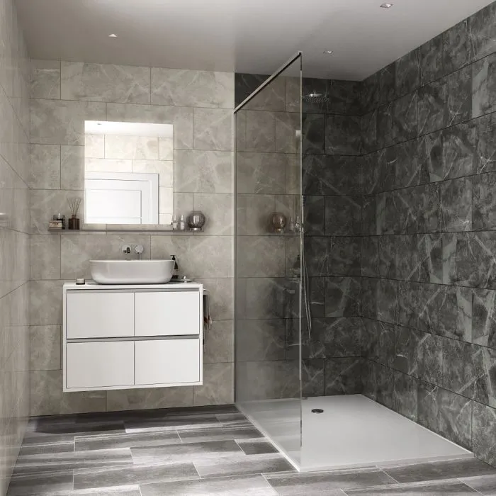 Anthracite tile design in a bathroom with a transparent shower enclosure