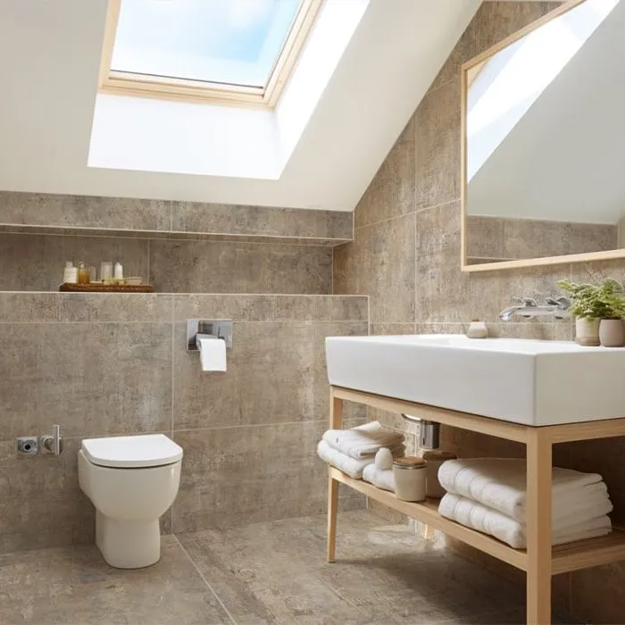 Contemporary bathroom tile ideas featuring skylight