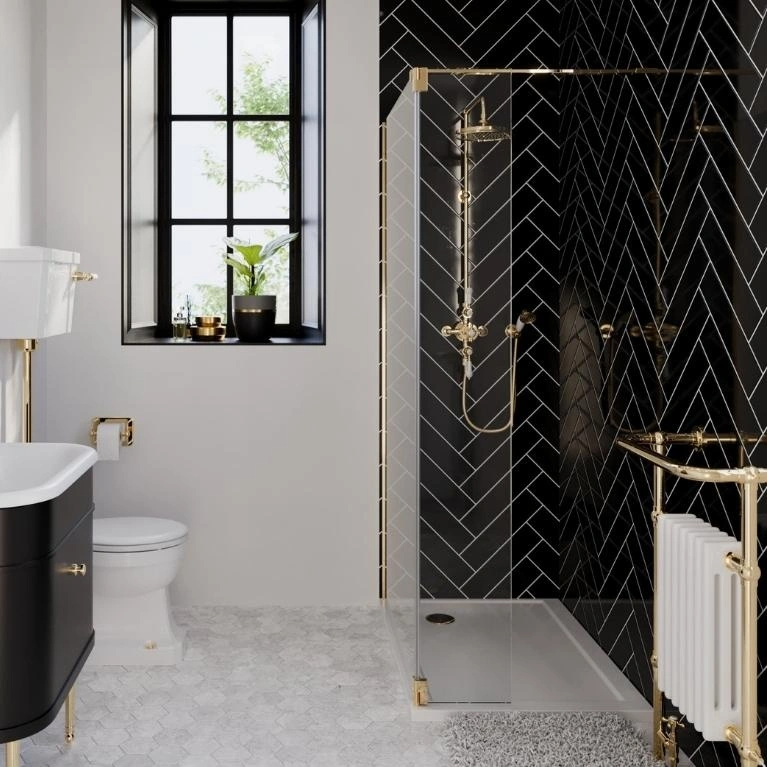 Luxurious black and gold themed bathroom with a sleek shower design